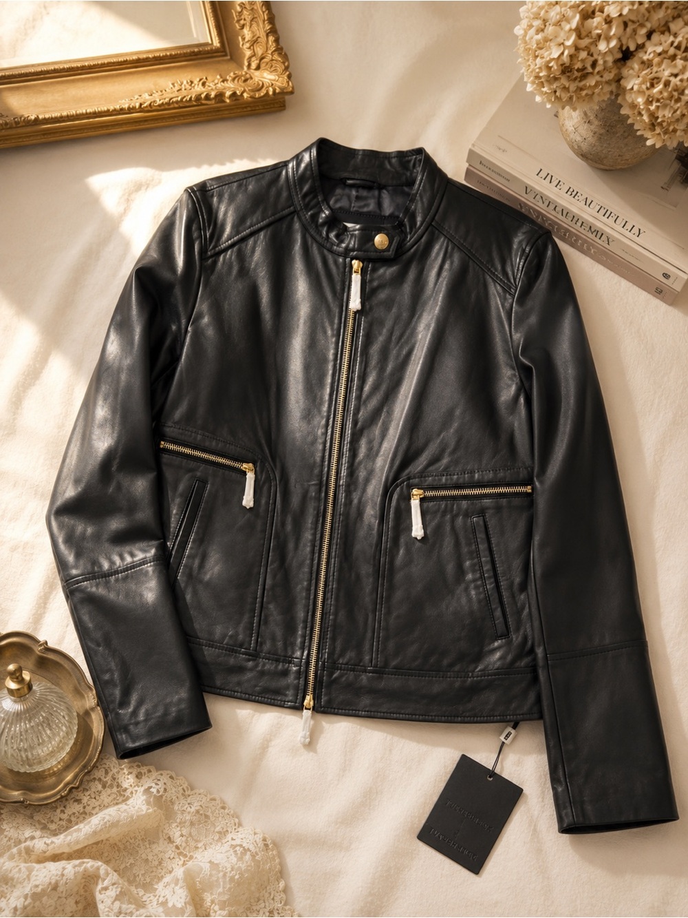 Sam Edelman NWT Black Leather Moto Jacket XXL Gold Zip $350 Retail
